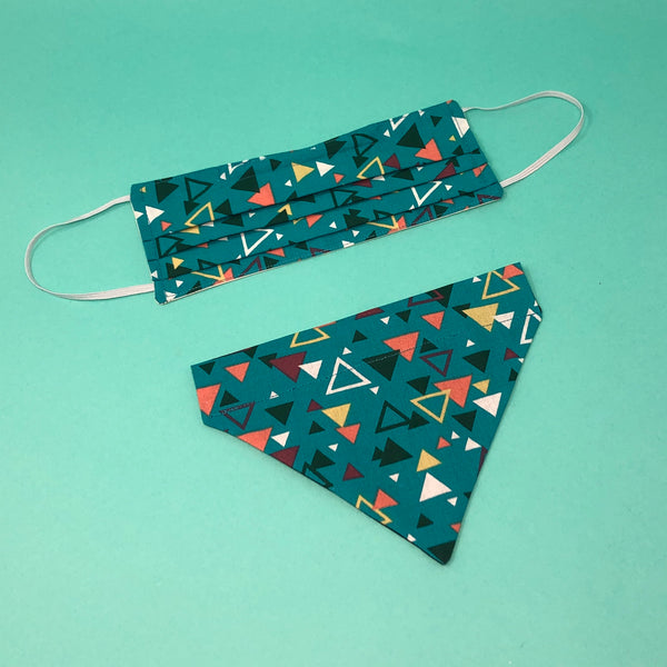 Triangle Teal Matching Face Mask and Dog Bandana - The Woof Warehouse
