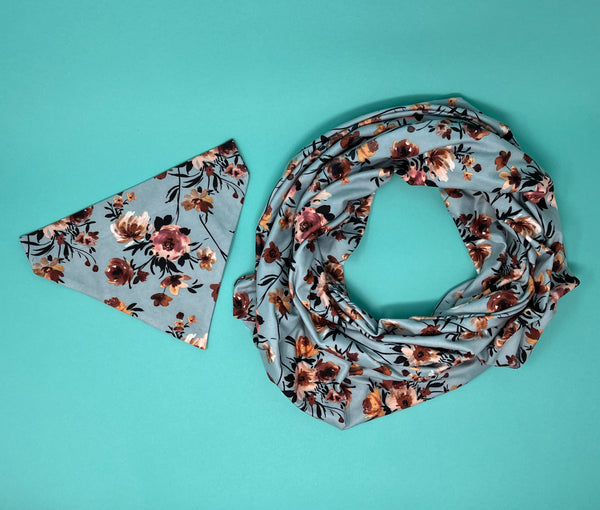Light Blue Floral Matching Dog Bandana and Human Infinity Scarf - The Woof Warehouse